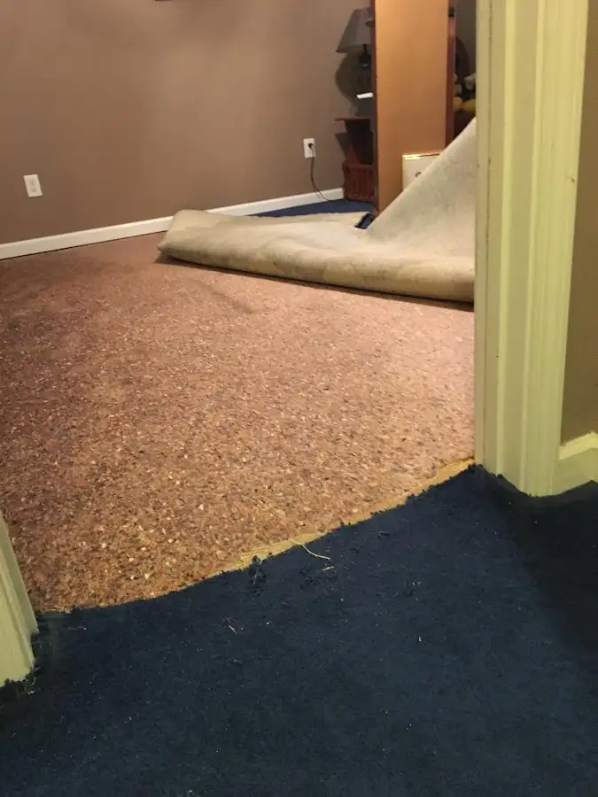 Carpet pad removal revealing water damage during Water Mitigation Services in Dentsville